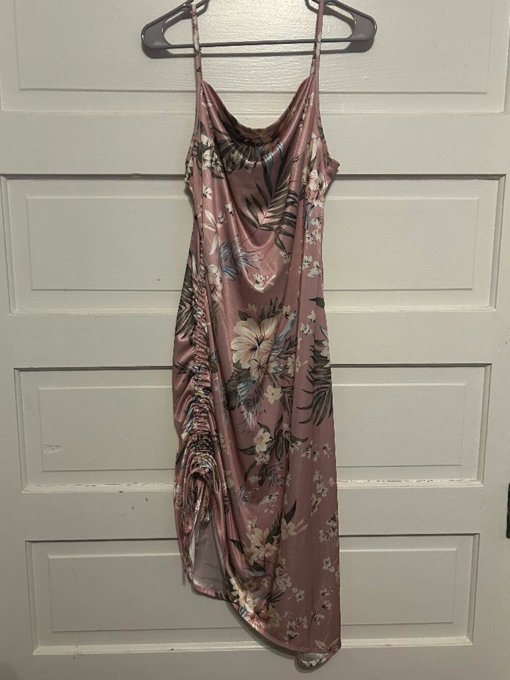 Pink Satin Midi Cocktail Dress with Ruching